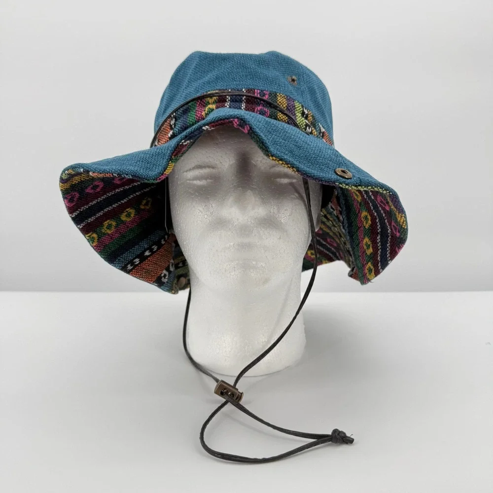 Sun Hat Women One Size Teal Blue Woven Tribal Band Chin Strap Outback